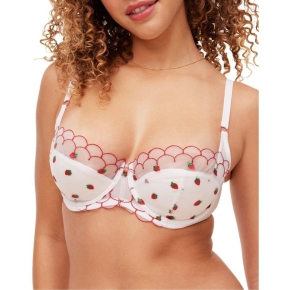 Adore Me Bettie Balconette Bra White Embroidered red strawberries mesh padded - Picture 3 of 8